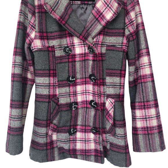 RUE 21 PINK/GRAY PLAID WOOL BLEND PEA COAT SMALL - Picture 5 of 9